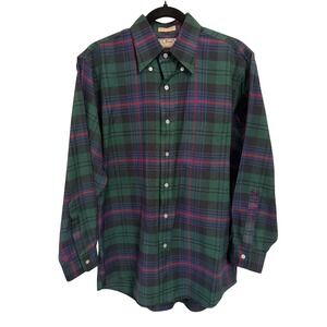 LL Bean Vintage Mens Plaid Button Down Shirt Green Blue Tartan Made in USA 16-32